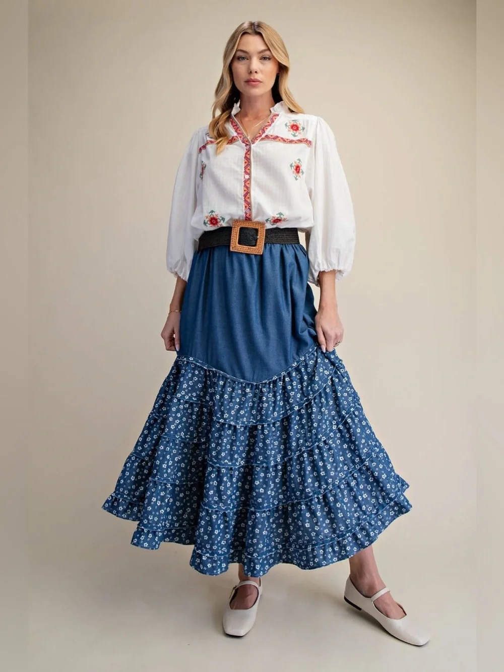 #13 easel Blue Tiered Floral Maxi Skirt with Small White Blossoms